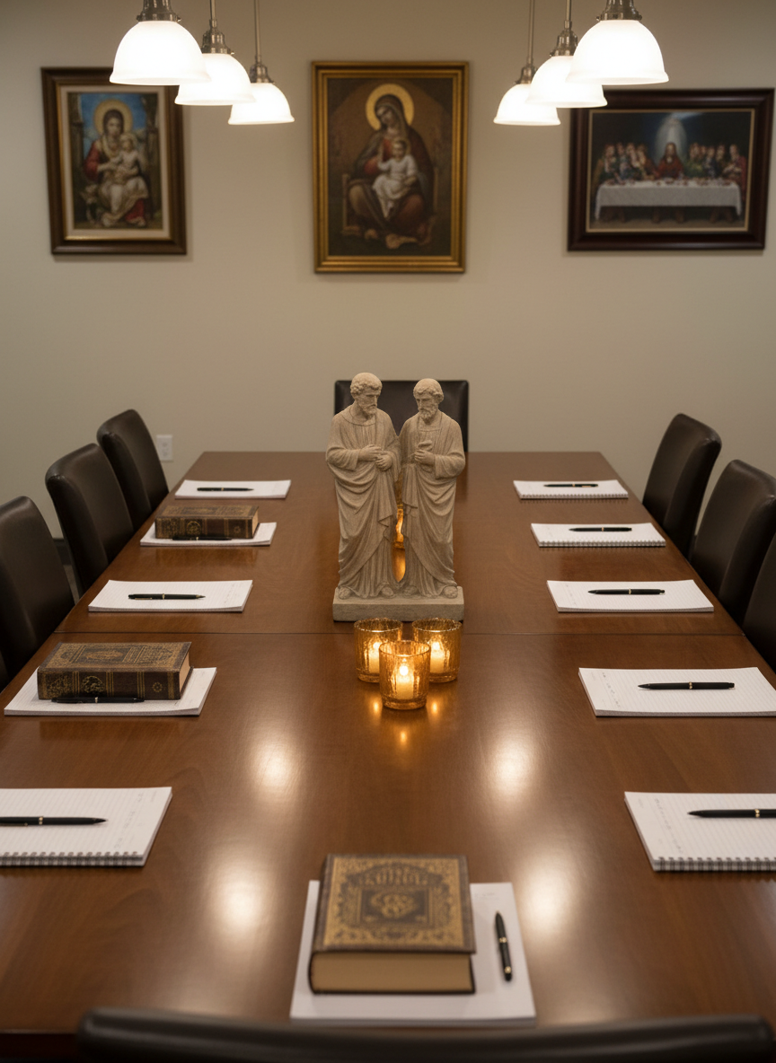 An elegant wooden conference table arranged for a Monday night Catholic book club, with individual place settings marked by a single hardcover book, a lined notebook, and a fine-point pen at each seat. At the center, a tasteful arrangement of candles in glass holders surrounds a small, understated statue of Saints Peter and Paul in sculpted stone, their forms partially silhouetted. The background shows a refined parish meeting space with framed sacred art on neutral-colored walls, softly blurred. Overhead pendant lights emit warm, even illumination, casting delicate reflections on the tabletop. Photographic realism, a slightly elevated angle, and balanced composition convey a mature, organized environment for thoughtful adult discussion, with no people visible.