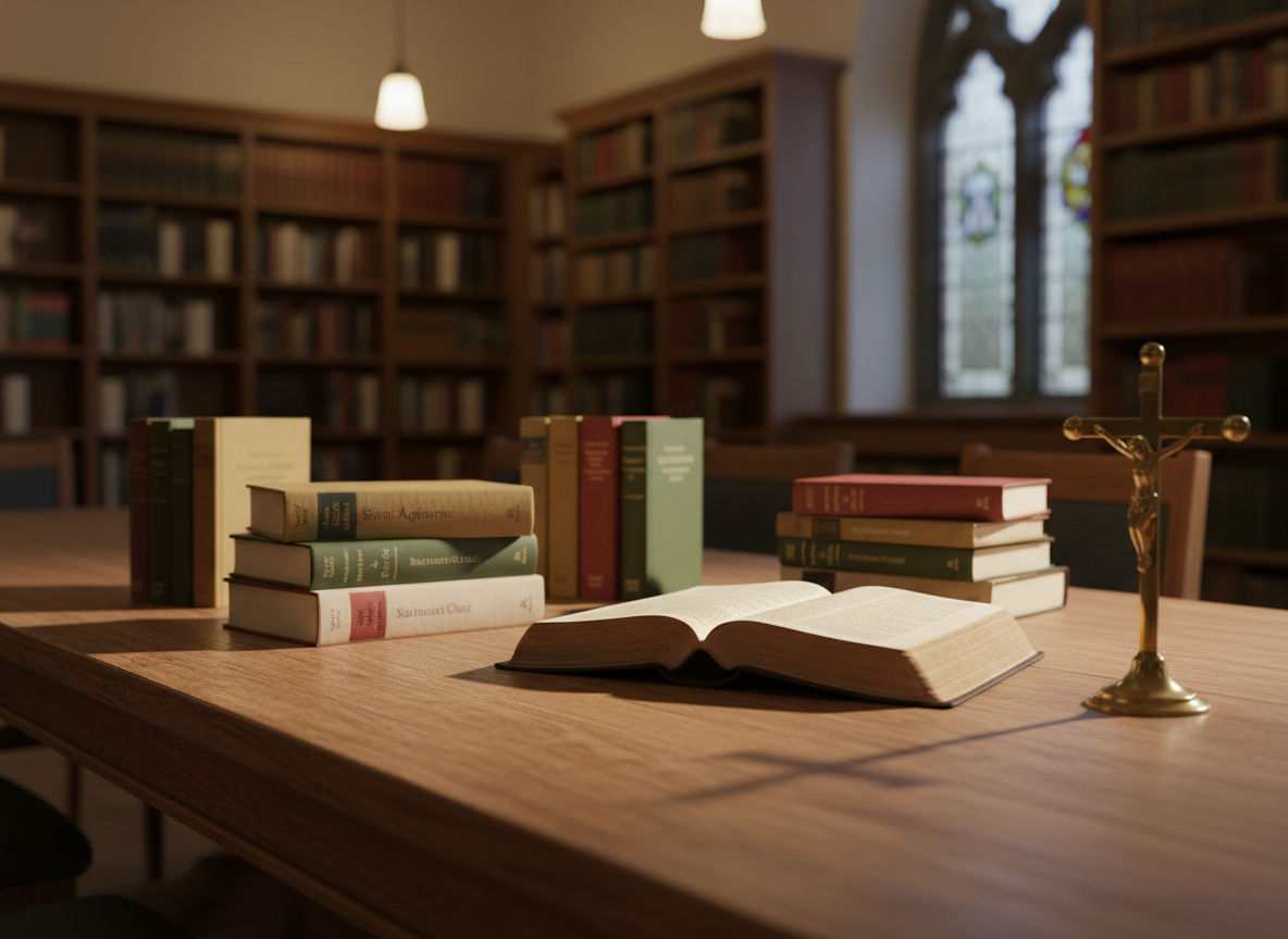 A long wooden library table arranged for a Catholic book club, covered with neatly stacked hardback spiritual classics in earth-toned dust jackets, a worn leather-bound Bible open to a reflective passage, and a single brass crucifix standing discreetly at one end. The scene is set in a quiet parish meeting room with bookshelves lining the softly blurred background and a hint of stained-glass color reflected on the polished tabletop. Warm, diffused evening light from overhead fixtures and a nearby window creates gentle highlights on the book edges and soft shadows. Photographic realism, eye-level composition, shallow depth of field, and a calm, contemplative mood evoke thoughtful discussion and mature faith formation without any people visible.