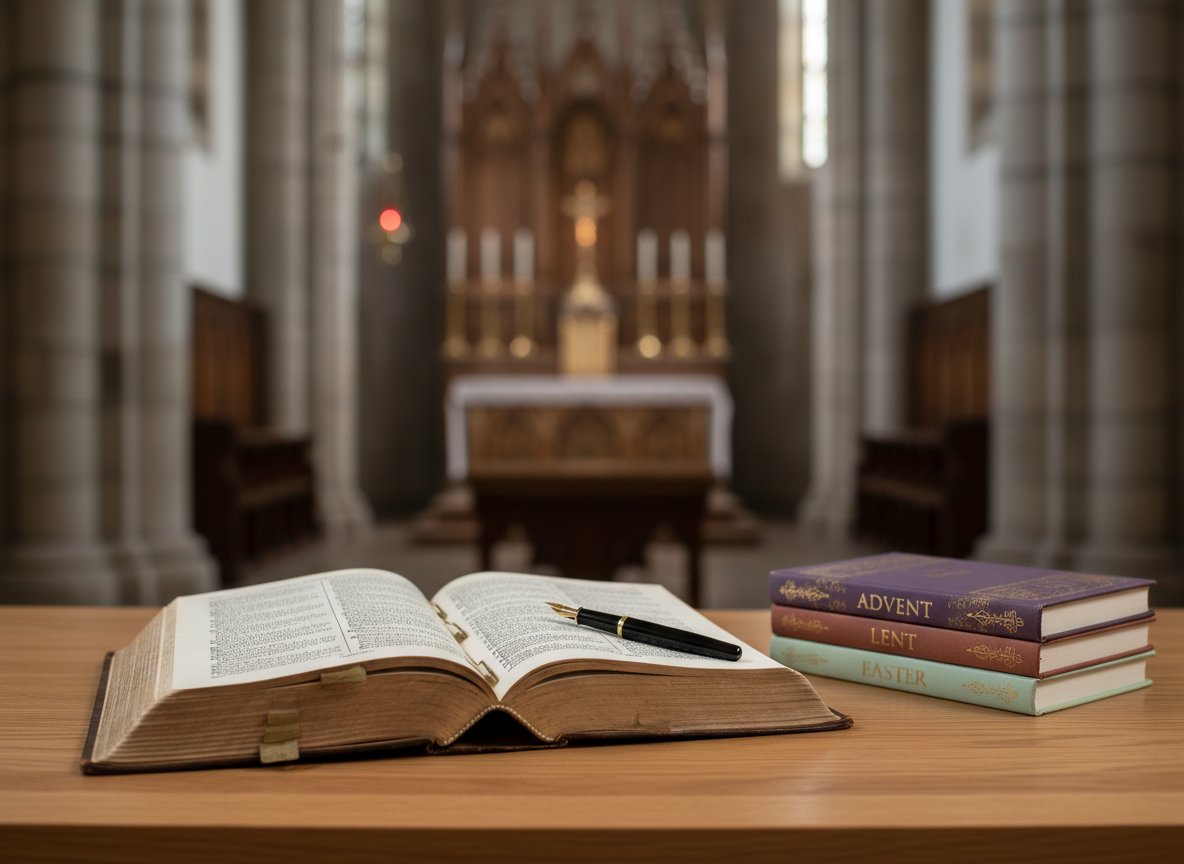 A close-up of an open theological text resting on a smooth oak table, its cream-colored pages marked with tasteful metal page tabs and a slim fountain pen laid carefully across the margin. To the side, a small stack of seasonal reading selections—Advent, Lent, and Easter-themed covers—forms a subtle visual arc. In the softly blurred background, the suggestion of a church interior appears: stone columns, a distant altar, and a softly glowing sanctuary lamp. The lighting is gentle and indirect, like early evening in a parish hall, with soft highlights along the page edges. Photographic realism, a shallow depth of field, and a centered, intimate composition create a scholarly yet devotional mood.