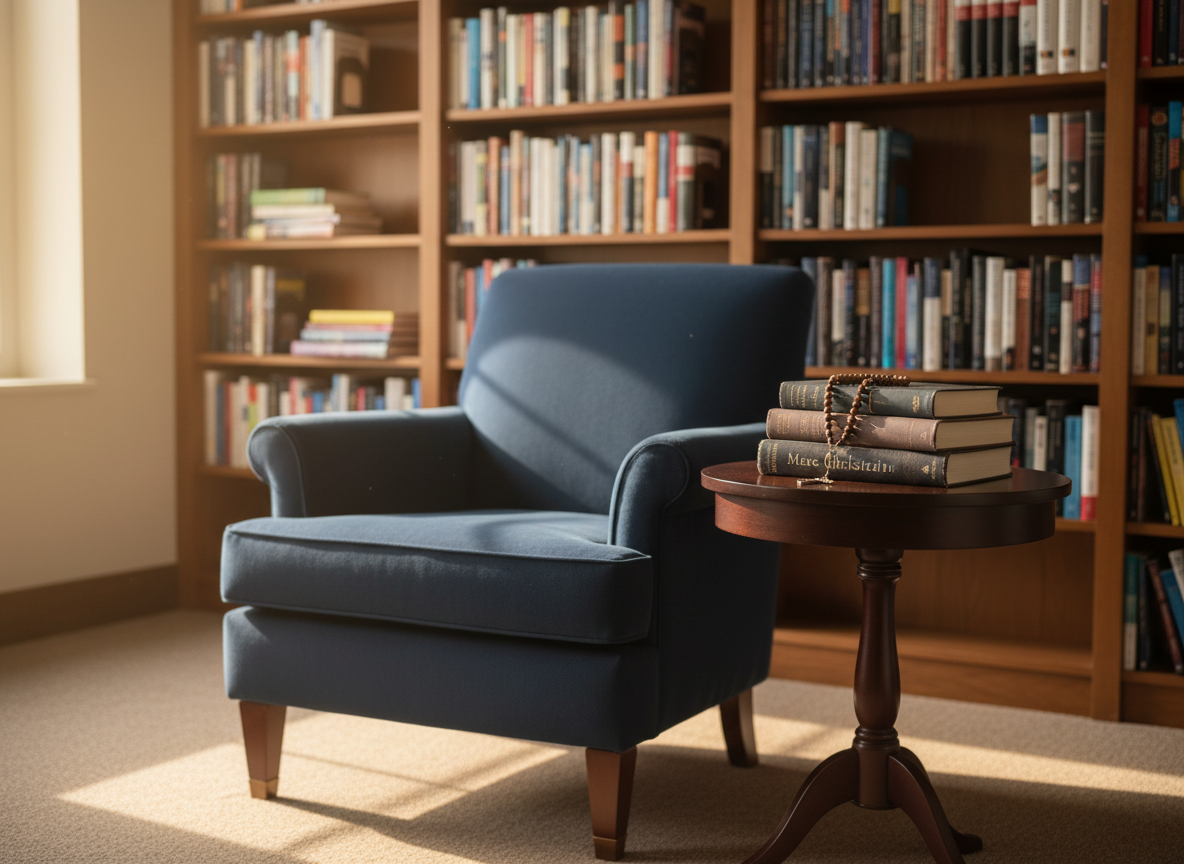 An inviting reading nook for a sophisticated Catholic book club, featuring a deep navy upholstered armchair, a small round wooden side table stacked with well-thumbed theology and spirituality books, and an elegant rosary draped beside them. Behind, tall bookshelves filled with neatly arranged volumes recede into a softly blurred background. Golden-hour light spills through an unseen window, casting warm, elongated shadows and creating a serene glow on the book spines and polished wood. The composition uses rule of thirds and a slightly angled perspective, emphasizing the chair and table as the focal point. Photographic realism and a quiet, reverent atmosphere suggest thoughtful Monday evening reading between September and May, without any human presence.